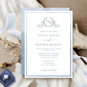 Elegant Monogram Dusty Blue Watercolor Wedding Invitation