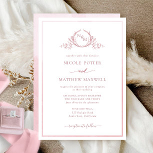 Elegant Monogram Dusty Rose Watercolor Wedding Inv Invitation