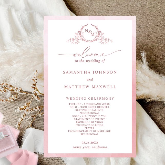 Elegant  Monogram Dusty Rose Wedding Program (Creator Uploaded)