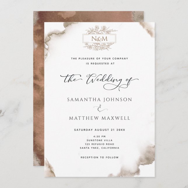 Elegant Monogram, Earthy Tones Watercolor, Wedding Invitation (Front/Back)