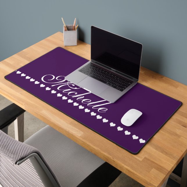 Elegant Monogram Eggplant Purple and White Hearts Desk Mat (Office 2)