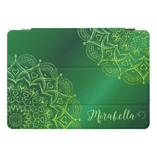 Elegant Monogram Emerald Green Glittered Mandala iPad Pro Cover