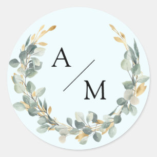 Elegant, monogram, eucalyptus wreath classic round sticker