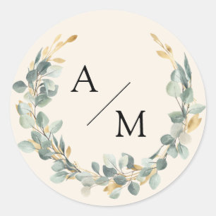 Elegant, monogram, eucalyptus wreath classic round sticker