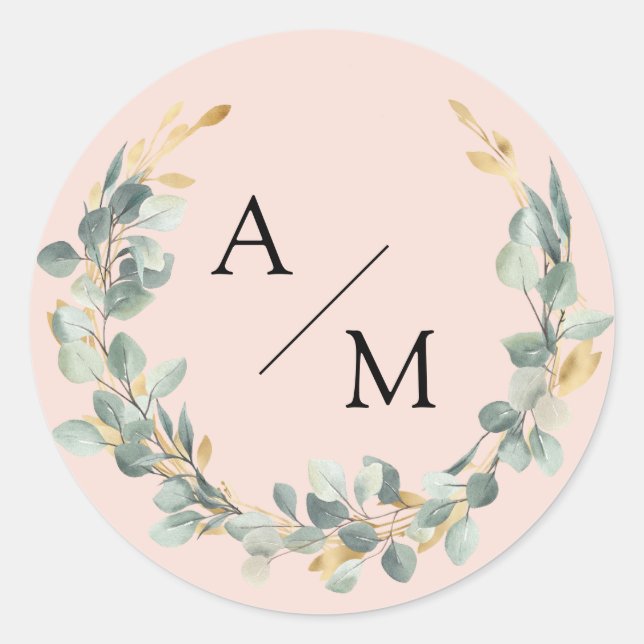 Elegant, monogram, eucalyptus wreath  classic round sticker (Front)
