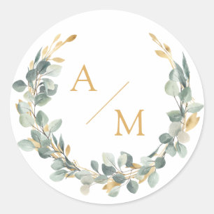 Elegant, monogram, eucalyptus wreath classic round sticker