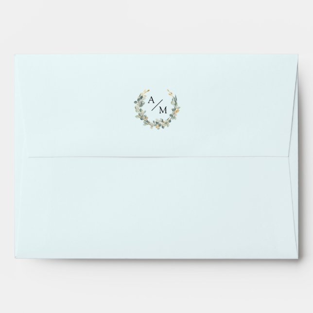 Elegant, monogram, eucalyptus-wreath, light blue envelope (Back (Top Flap))