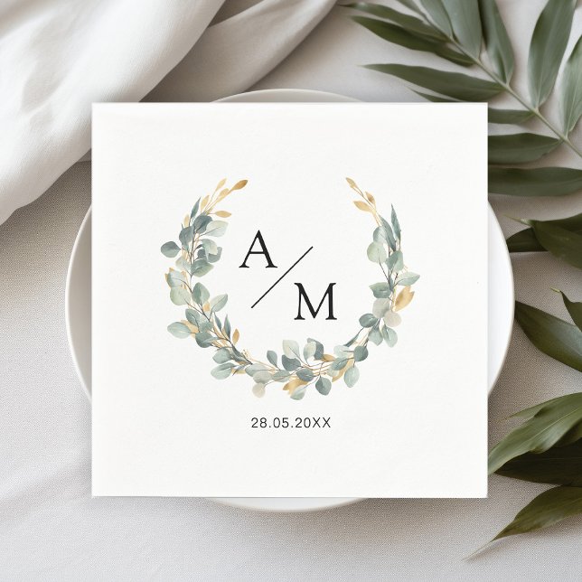 Elegant, monogram, eucalyptus wreath  napkin (Creator Uploaded)
