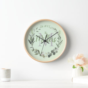 Elegant Monogram Family Name Foilage  Round Clock