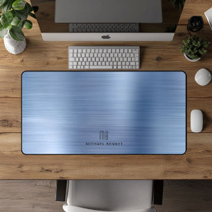 Elegant Monogram Faux Blue Brushed Metallic Desk Mat