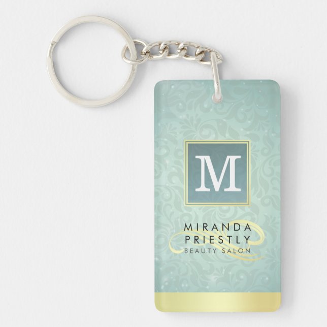 Elegant Monogram Faux Gold Turquoise Damask Floral Key Ring (Front)