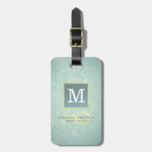 Elegant Monogram Faux Gold Turquoise Damask Floral Luggage Tag