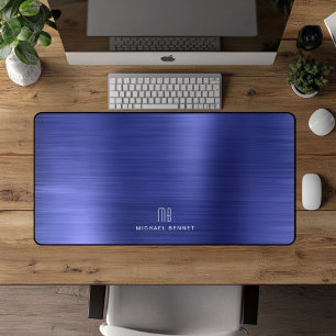 Elegant Monogram Faux Navy Blue Brushed Metallic Desk Mat