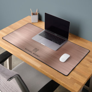 Elegant Monogram Faux Rose Gold Brushed Metallic Desk Mat