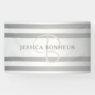 Elegant Monogram Faux Silver Gradient Grey Stripes Banner