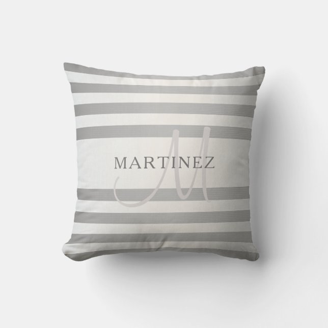 Elegant Monogram Faux Silver Gradient Grey Stripes Cushion (Front)