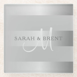 Elegant Monogram Faux Silver Gradient Grey Stripes Glass Coaster