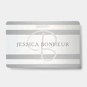 Elegant Monogram Faux Silver Gradient Grey Stripes ID Badge