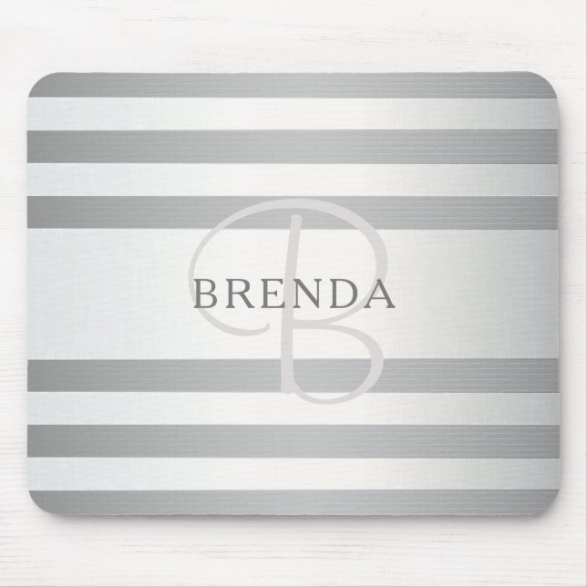 Elegant Monogram Faux Silver Gradient Grey Stripes Mouse Pad (Front)
