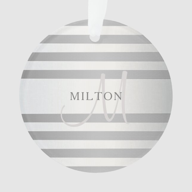 Elegant Monogram Faux Silver Gradient Grey Stripes Ornament (Front)