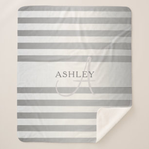 Elegant Monogram Faux Silver Gradient Grey Stripes Sherpa Blanket