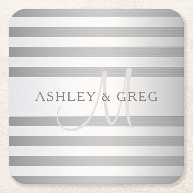 Elegant Monogram Faux Silver Gradient Grey Stripes Square Paper Coaster (Front)