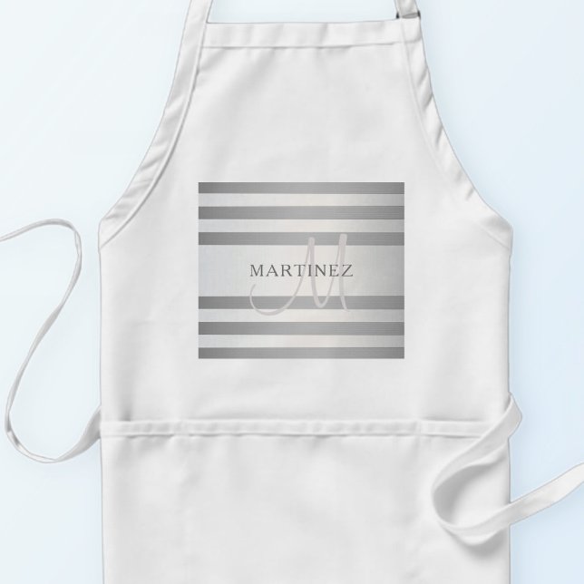 Elegant Monogram Faux Silver Gradient Grey Stripes Standard Apron (Creator Uploaded)