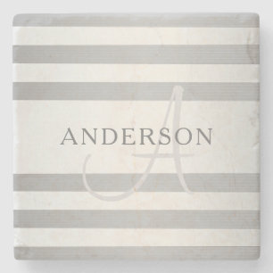 Elegant Monogram Faux Silver Gradient Grey Stripes Stone Coaster