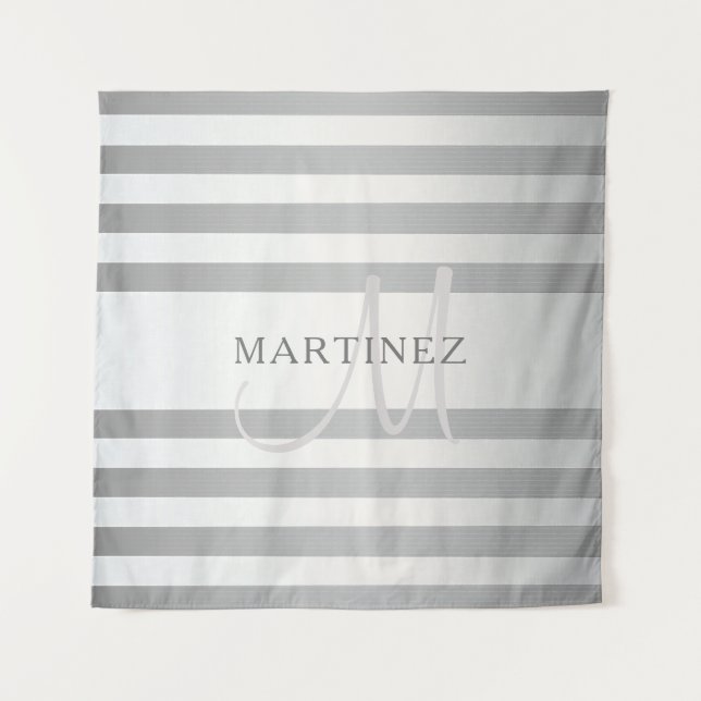 Elegant Monogram Faux Silver Gradient Grey Stripes Tapestry (Front)