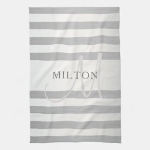 Elegant Monogram Faux Silver Gradient Grey Stripes Tea Towel