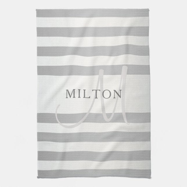 Elegant Monogram Faux Silver Gradient Grey Stripes Tea Towel (Vertical)