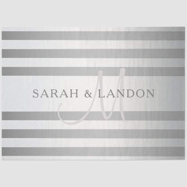 Elegant Monogram Faux Silver Gradient Grey Stripes Tissue Paper (Front)