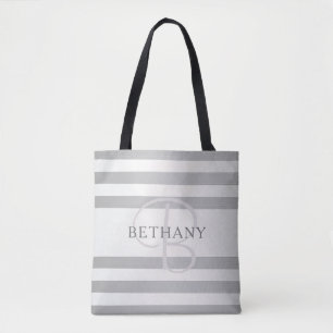 Elegant Monogram Faux Silver Gradient Grey Stripes Tote Bag