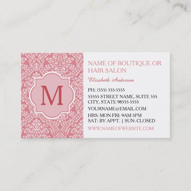 Elegant Monogram Feminine Pink Damask Beauty Salon Business Card (Front)