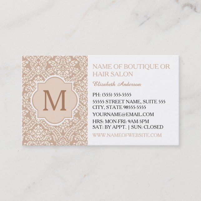 Elegant Monogram Feminine Tan Damask Hair Salon Business Card (Front)