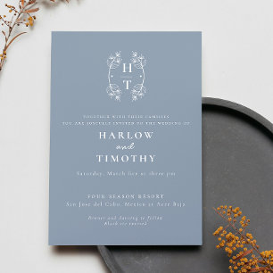 Elegant Monogram Floral Crest Dusty Blue Wedding I Invitation