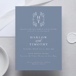 Elegant Monogram Floral Crest Dusty Blue Wedding Invitation
