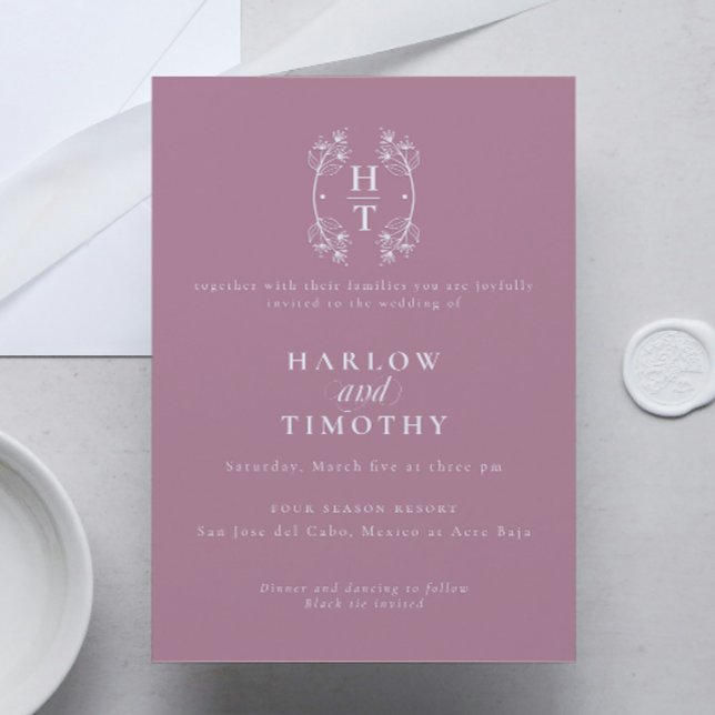 Elegant Monogram Floral Crest dusty mauve Wedding Invitation (Elegant Monogram Floral Crest dusty mauve Wedding Invitation)