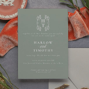 Elegant Monogram Floral Crest Sage Green Wedding  Invitation