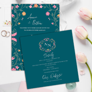 Elegant Monogram Floral Frame Wedding Details Enclosure Card