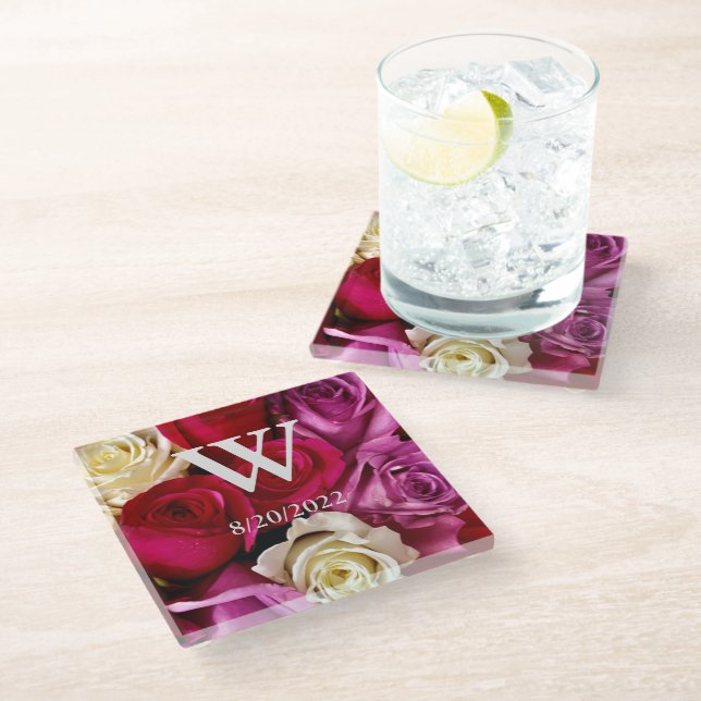 Elegant Monogram Floral Glass Coaster (Angled)