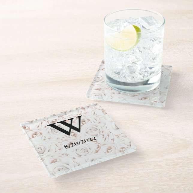 Elegant Monogram Floral Glass Coaster (Angled)