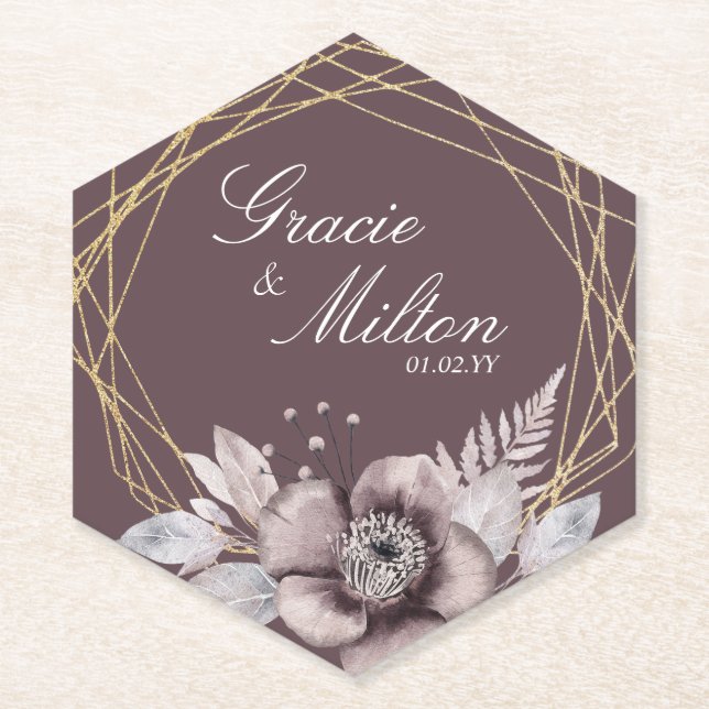 Elegant Monogram Floral Mauve Wedding  Paper Coaster (Front)