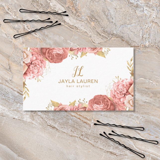 Elegant Monogram Floral Pink Gold Business Card (Creator Uploaded)
