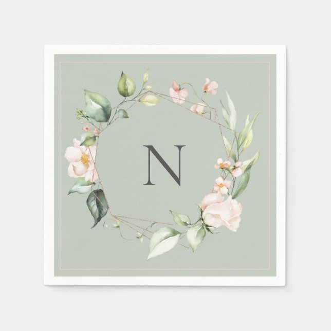 Elegant Monogram Floral Pink Sage Wedding Napkins (Front)