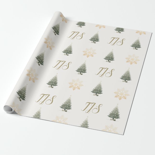 Elegant Monogram Floral Snowflake Christmas Tree Wrapping Paper (Unrolled)