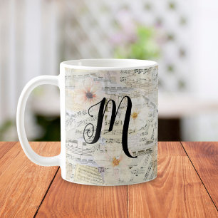 Elegant Monogram Floral Vintage Sheet Music Coffee Mug
