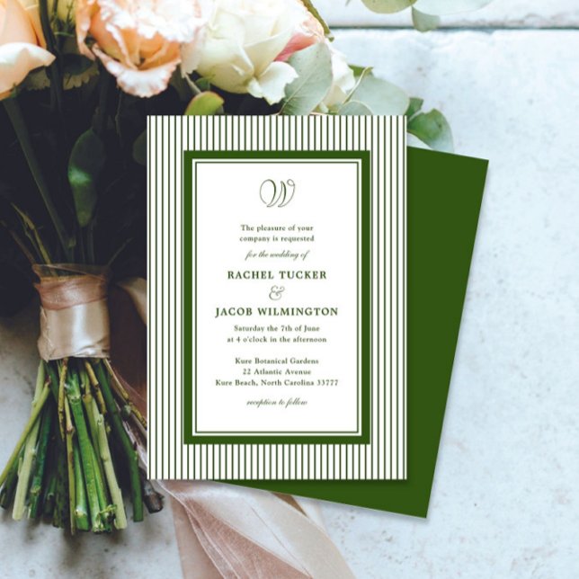 Elegant Monogram Forest Green Striped Wedding Invitation (Creator Uploaded)