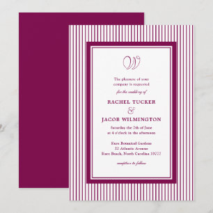 Elegant Monogram Forest Wine Red Striped Wedding Invitation