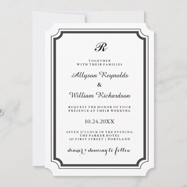 Elegant Monogram Formal Black and White Wedding Invitation (Front)